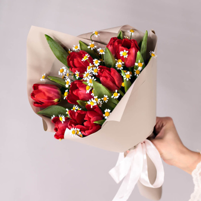 Небольшой букет из красных тюльпанов с ромашками 46336